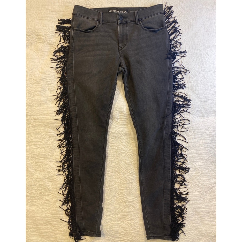 Express Jeans Womens 6R Black Fringe Side Seam Mid Rise Legging Skinny Denim - Picture 2 of 8